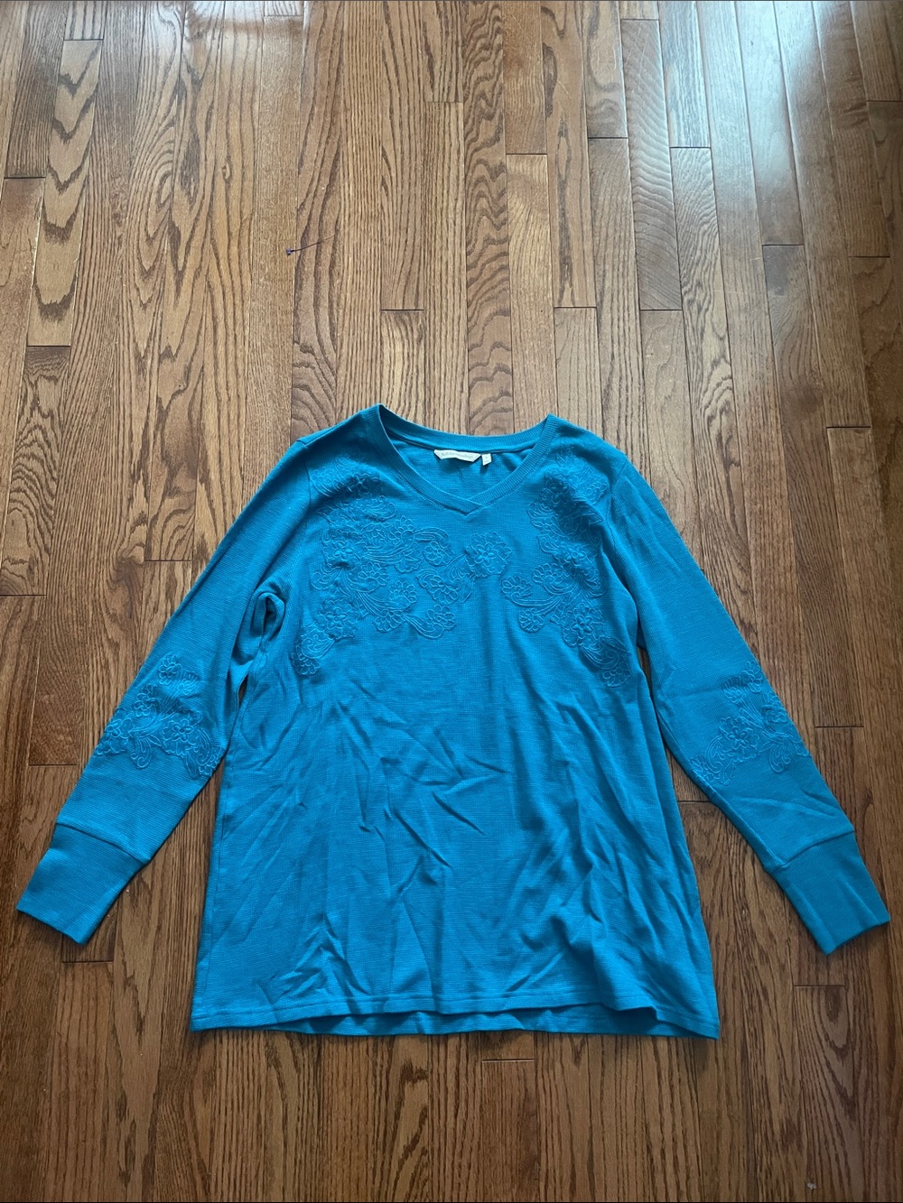 Soft Surroundings Teal Floral Embroidered Long Sleeve Shirt Women’s Sz Large